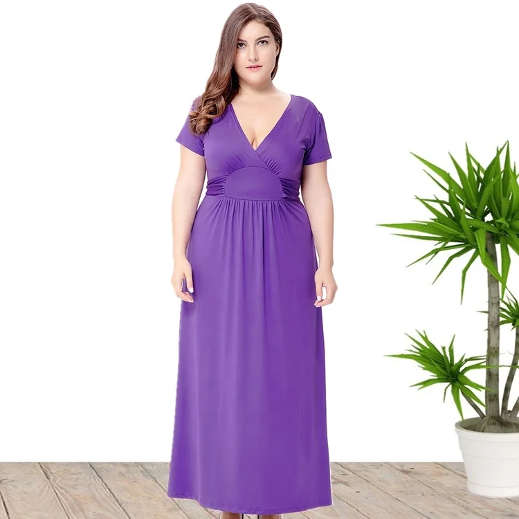 

2020 V Neck Short sleeve Plus Size Solid Color Summer Long Casual Dresses For Women