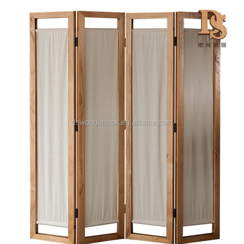 
4 Panel Folding Room Divider With Canvas Inlay Wooden Screen 