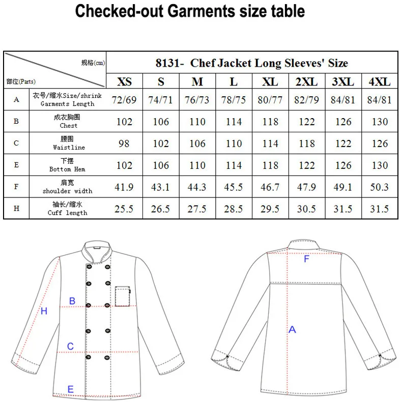 Chef Jacket Size Chart