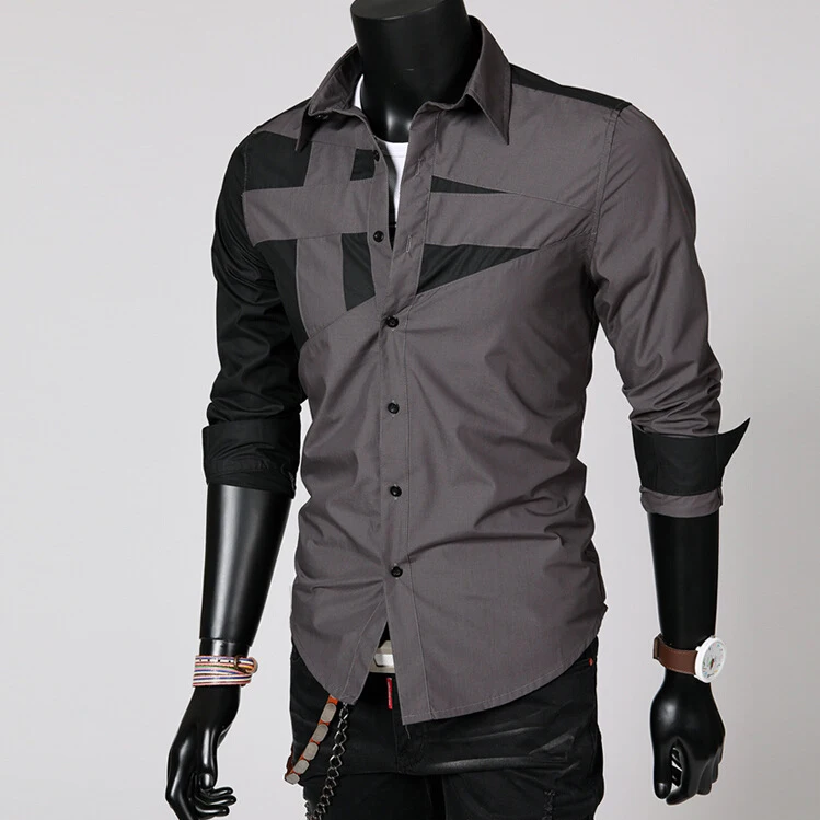 

Mens slim fashion personality patchwork long sleeve shirt