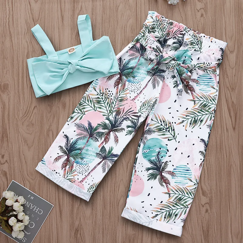 

Summer Baby Girl Clothes Set 2pcs Sky Blue Bowknot Tank Crop Top High Waist Coconut Tree Print Trousers Long Pant Outfits Suits, As picture
