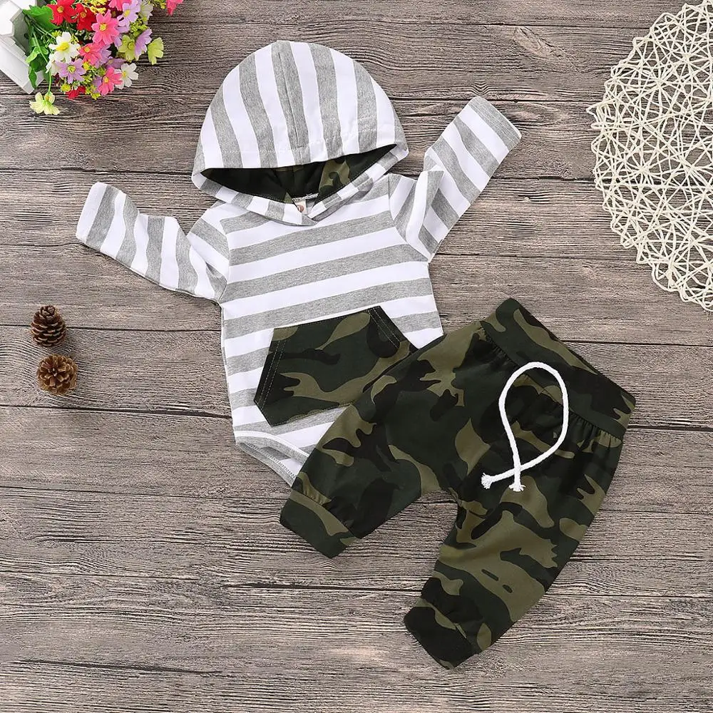 

Baby Boy Autumn Clothing Set White Gray Hooded Bodysuit +Green Camouflage Harem Pants 2 Pcs Baby Coming Home Outfit Casual wear, As photo