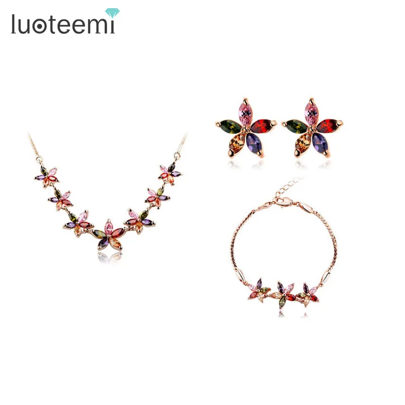 

LUOTEEMI Aliexpress Hot Rose Gold Plated Multi Cubic Zirconia Summer Flower Choker Necklace Earring jewelry Sets