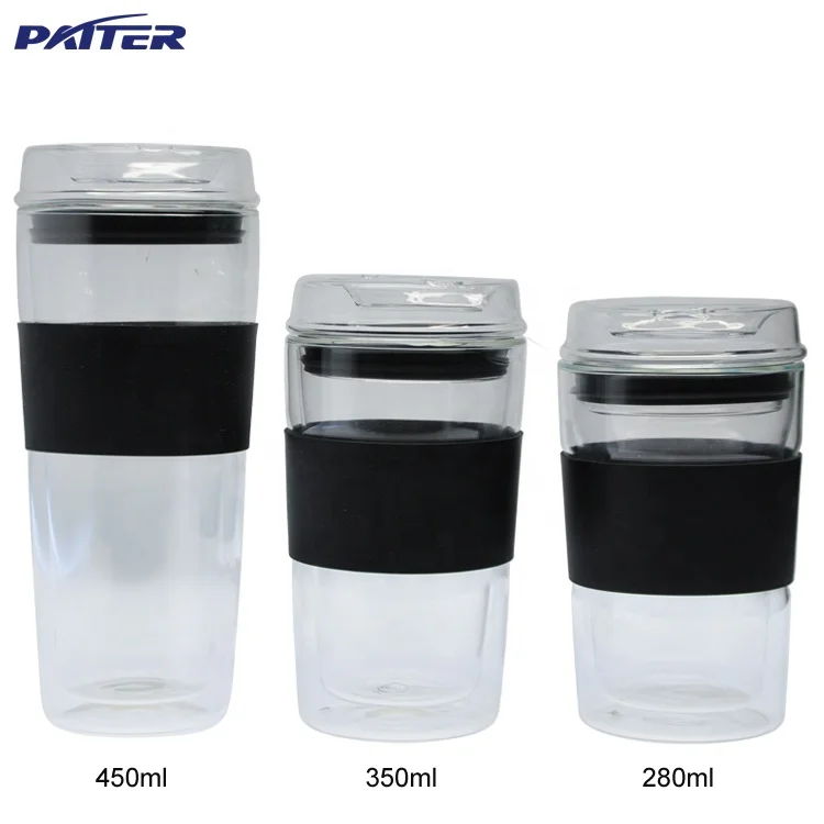 مزدوج الجدار كأس زجاجي معزول الشاي القهوة القدح وغطاء ، اليد الزجاج المنفوخ 450 مللي & 350 مللي & 280 مللي