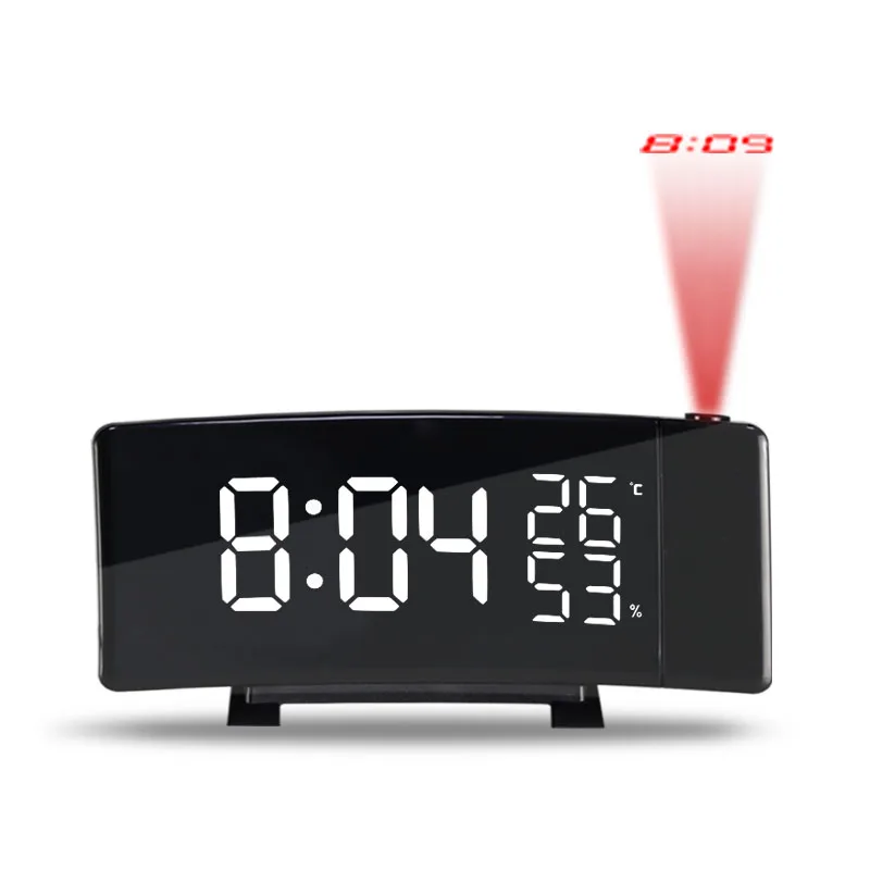 

Rotating projection digital LED thermometer and hygrometer clock FM radio electronic clock desktop curved screen alarm clock, White+red+blue