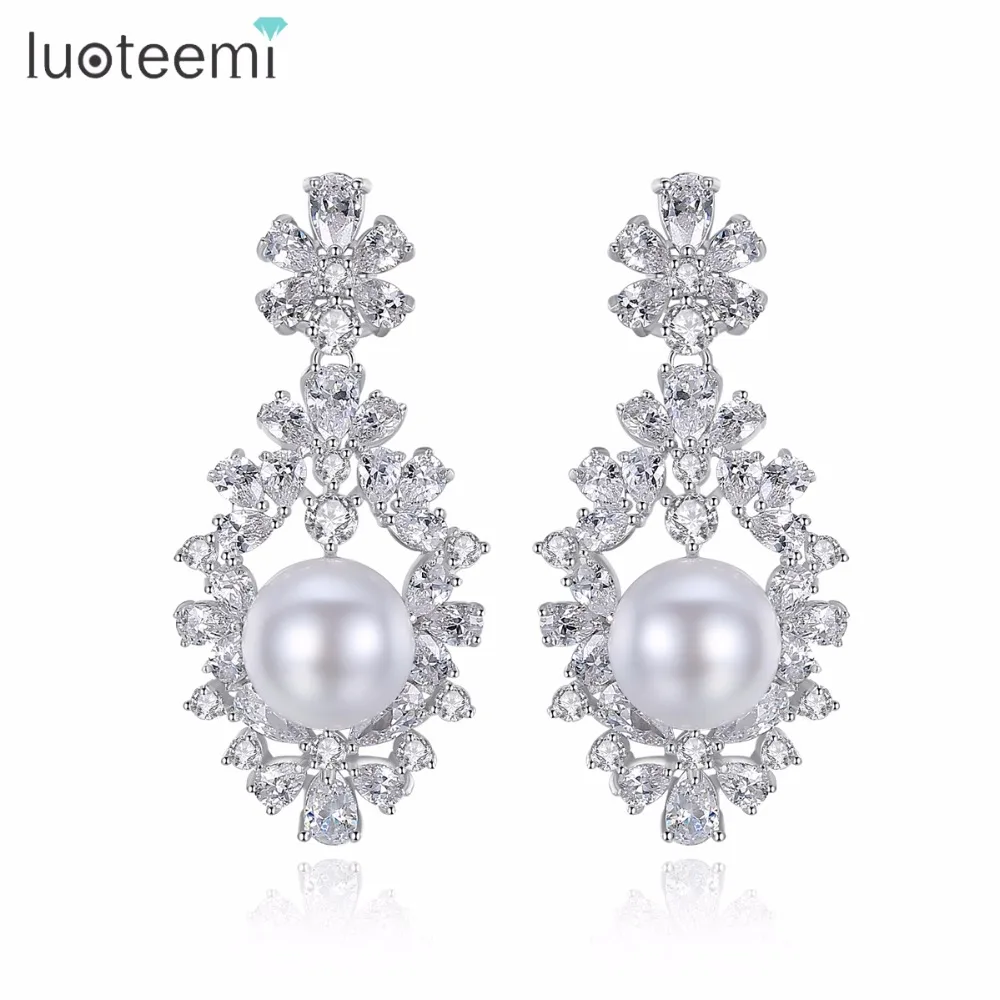 

LUOTEEMI Elegant White Imitation Pearl Waterdrop Clear Cubic Zirconia Paved Bridal Flower Shape Drop Earrings for Women