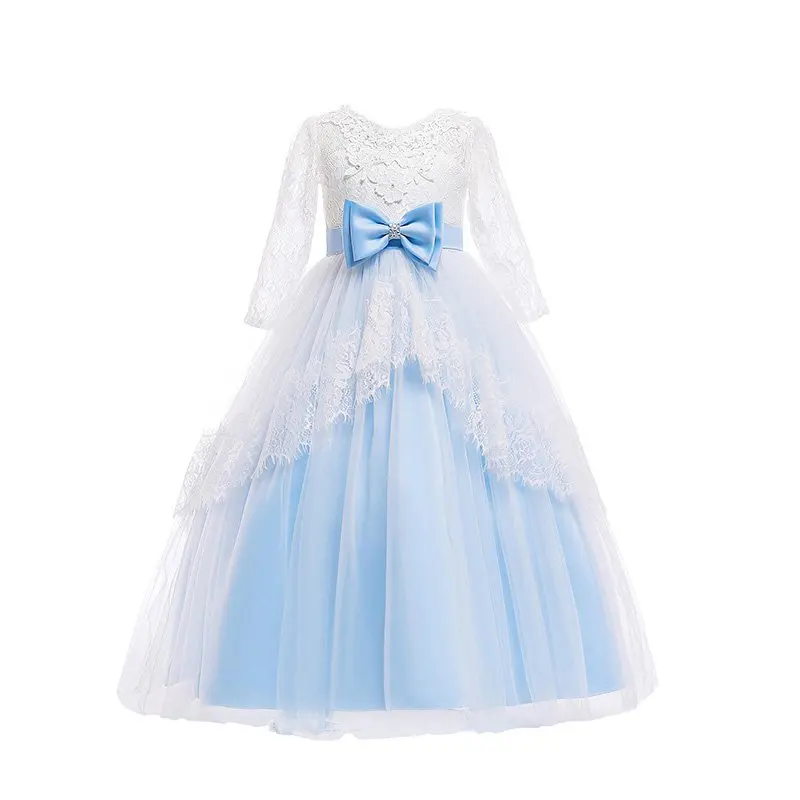 

Girl Deluxe Evening Pageant Dress Kids Three Quarter Lace Bow Princess Party Costume V Backless Bridesmaid Evening Wedding Dress, Blue