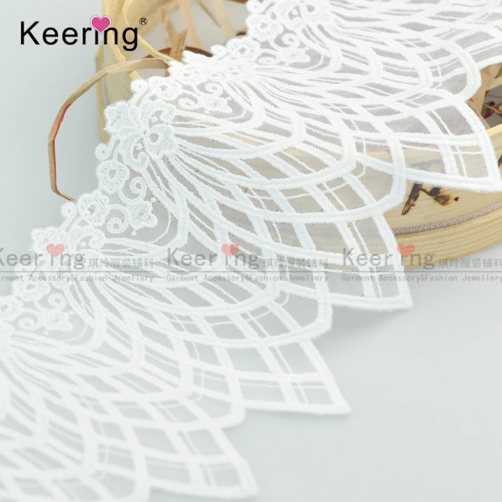

Leave White cotton Embroidery lace designs trim with stripe, White as picture