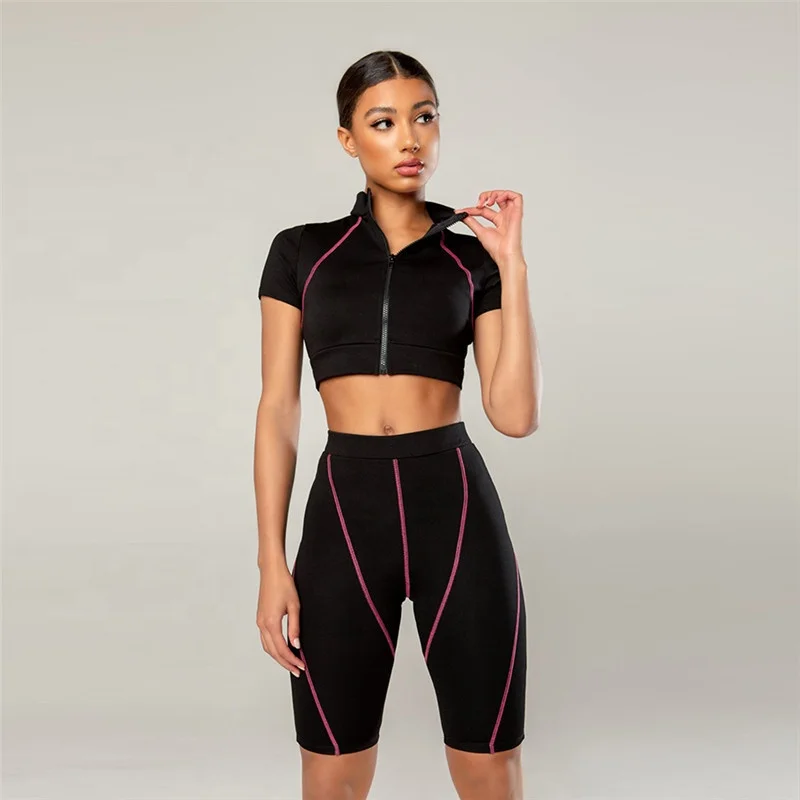 

Ladies Round Neck Fashion Clothing Short Sleeve Gym Athleisure Wear Sets, Black;blue