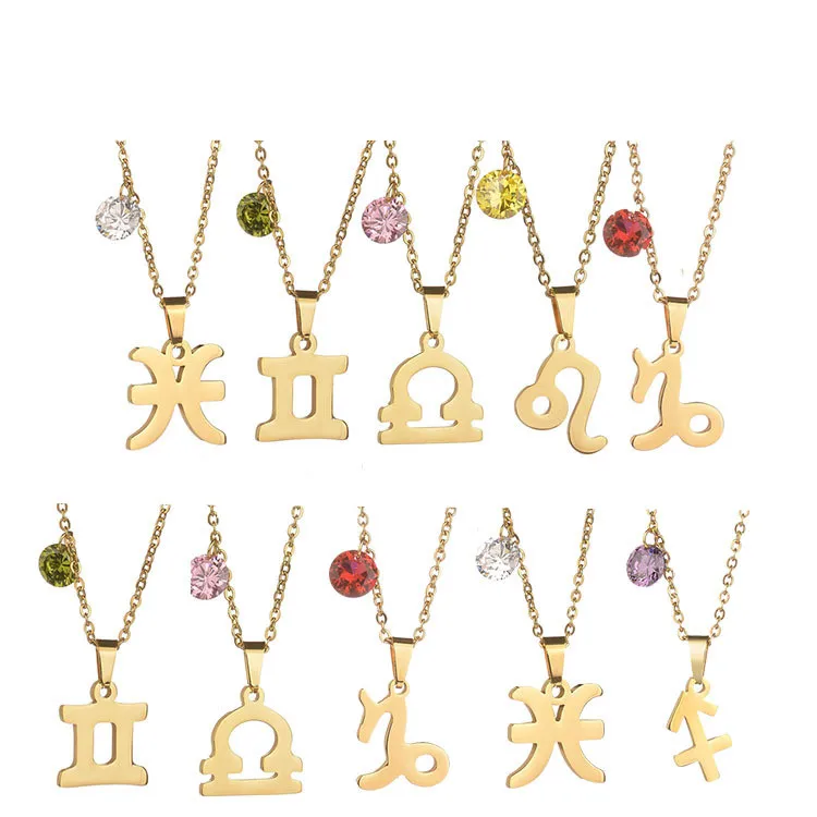 

rose gold color necklace crystal beads charm stainless steel zodiac pendant necklace horoscope necklace, Picture