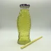 Attractive 250ML Fish Shaped Carving Milkshak Glass Bottle With Metal Screw Cap And Straw For Milks Packaging Clear Glass Bottle