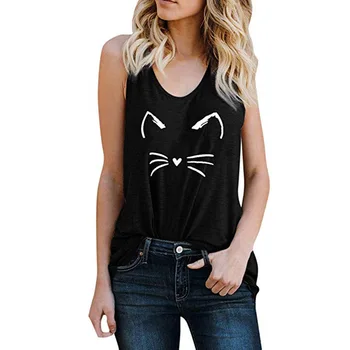 2019 women summer cute cat print tank tops blouse ladies pure