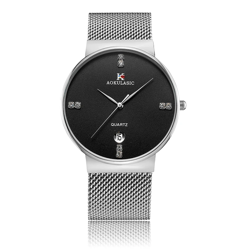 

AOKULASIC 30 Men Business Popular Diamond Watch Business Mesh Strap Stainless Steel Quartz Analog Wrist Watch