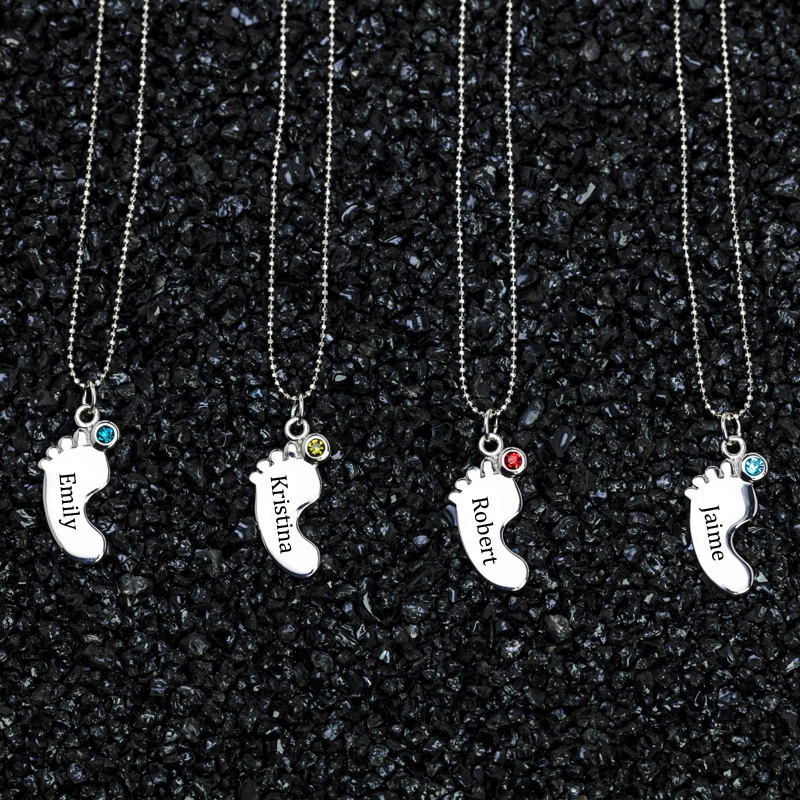 

Mom Jewelry Engraved Name With Birthstone 925 Sterling Silver One Baby Foot Necklace YP3188