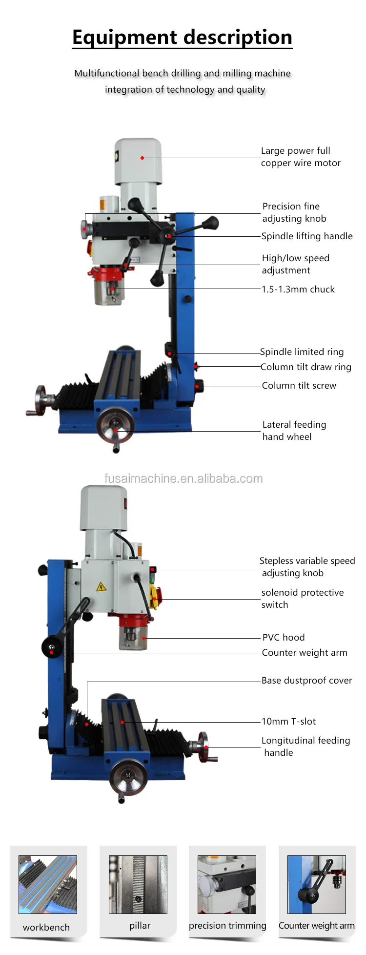 Fusai CE approved 550W small vertical benchtop milling and drilling machine at wholesale price .jpg