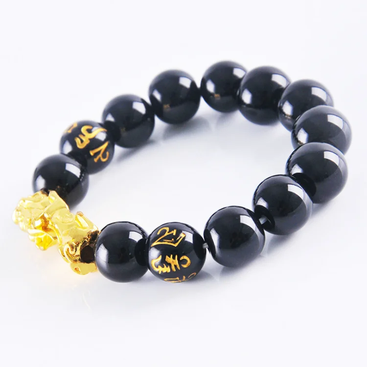 

Promotion 14MM 3D Hard gold Man Charm Obsidian Pixiu Bracelet