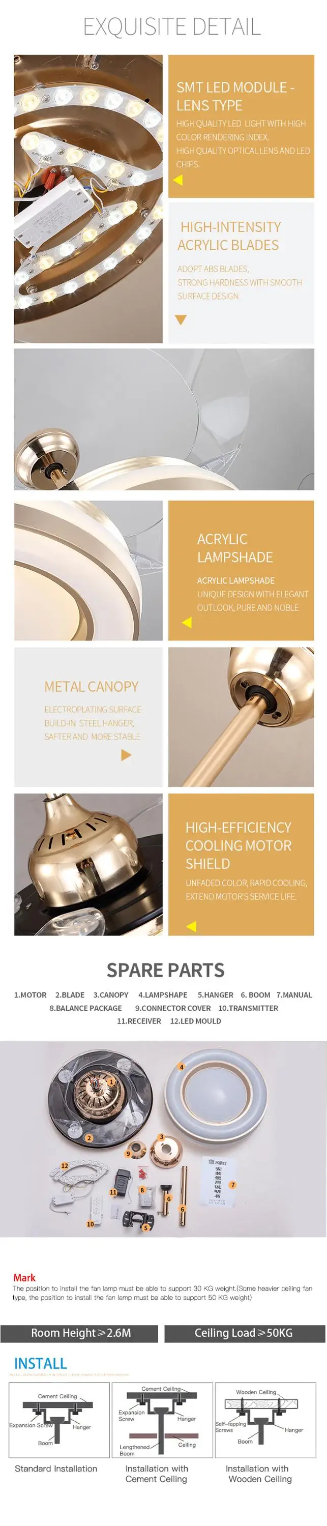 China hot sell high quality modern design hidden blades ceiling fans