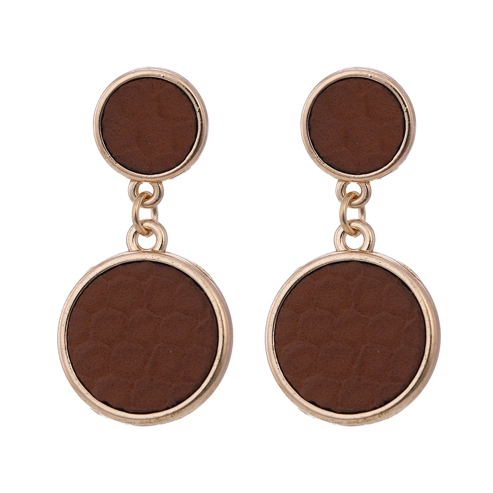 

2019 New Design Hot Sale Double Circle Brown Leather Alloy Hoop Earring For Woman, Pictures