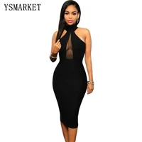 

YSMARKET Women's Black Sexy Halter Sleeveless Turtleneck Dress Straps Hollow Out Party Dresses Short Women Vestidos EYD2567