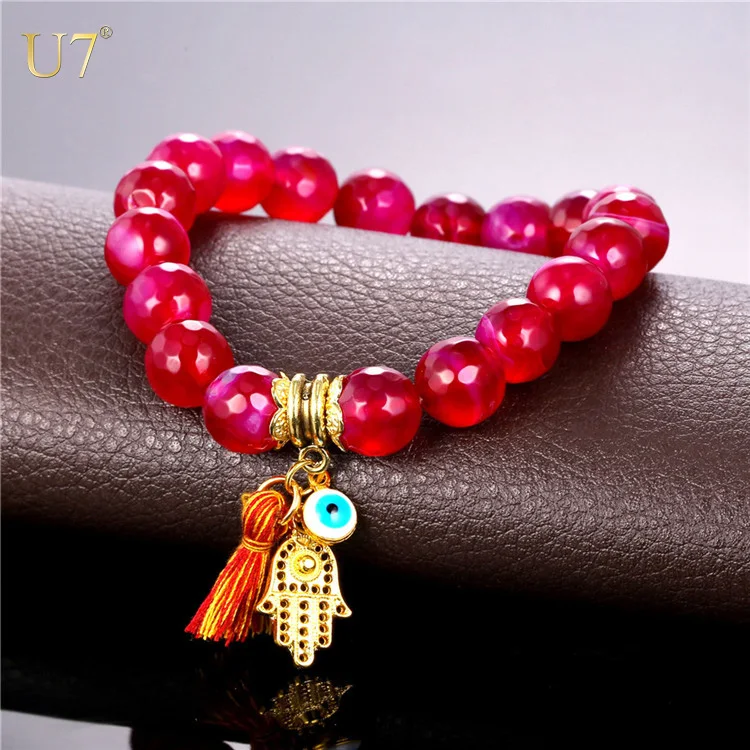 

U7 Black Red Stone Hamsa Hand Evil Eye Bracelet women Bangle Luxury Crystal handmade Bead charm Bracelets Jewelry, Black/ red color