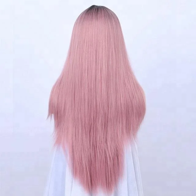 Cheap Natural Wig Middle Parting Dark Roots Ombre Pink Color