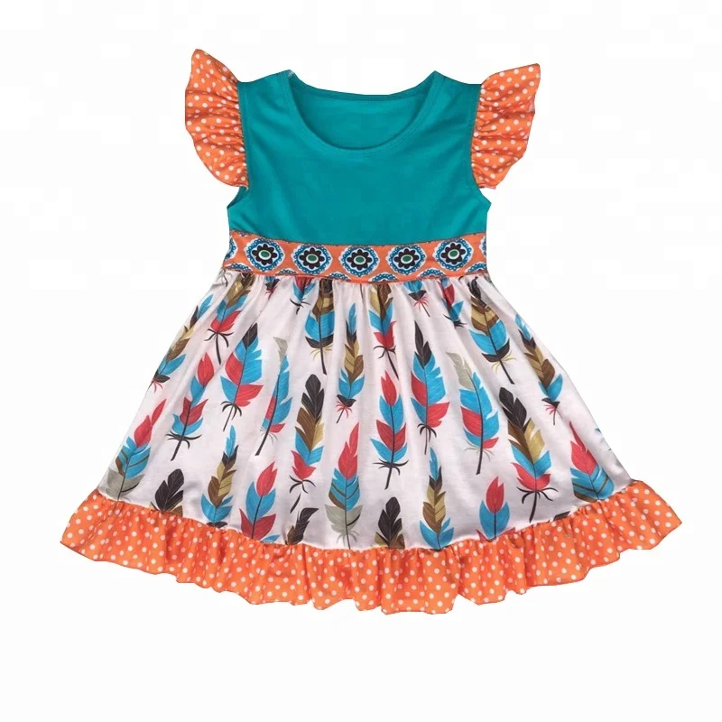 

Fall Boutique Girl Clothing Feather Pattern Design Thanksgiving Baby Girl Cotton Dresses Kids Dresses