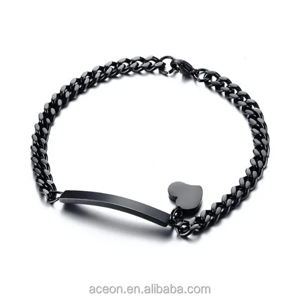 

Yiwu Aceon Stainless Steel IPB Black Plated Curb Chain ID Plate Heart Logo Tag Bracelet