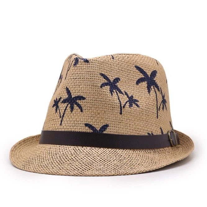 The Hat Company Mens Summer Straw Trilby with Leaf Print Pattern