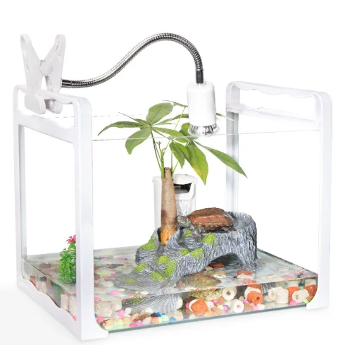 

Fish tortoise turtle glass tank with drying platform rectangle small dual-use fish tank, White