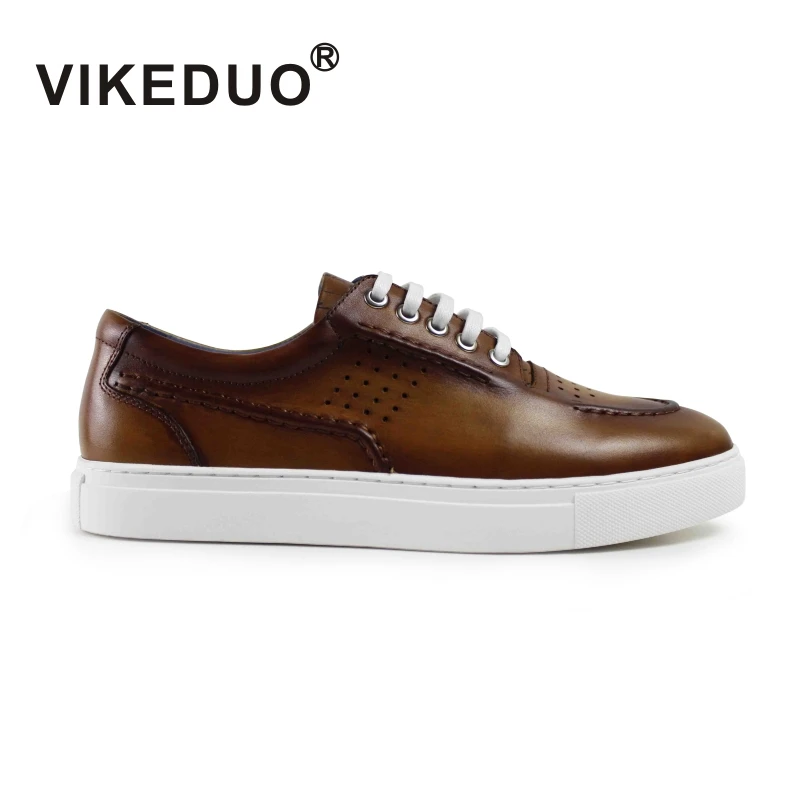 

VIKEDUO Hand Made Luxury Fashion China Brand Brown Painted Sneaker Italian Men Fashion Casual Leather Shoes