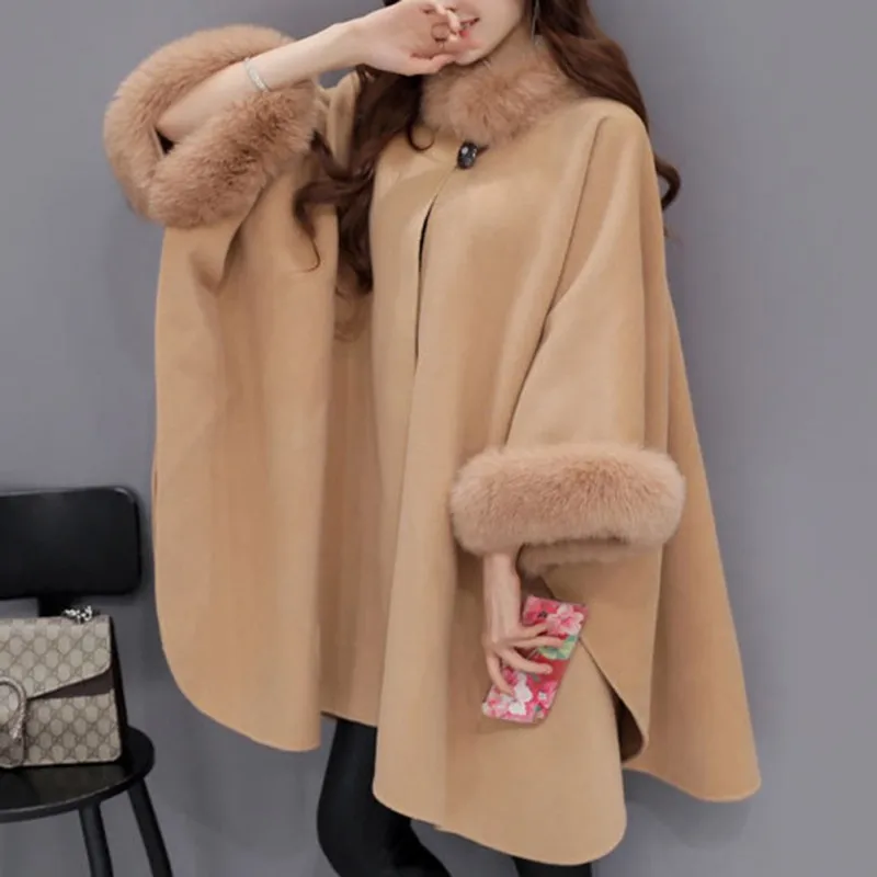 

Women Woolen Overcoat Camel Poncho Winter Shawl Cape Feminino Loose Warm Outerwear Cloak Shawl Coat Plus Size Y10886