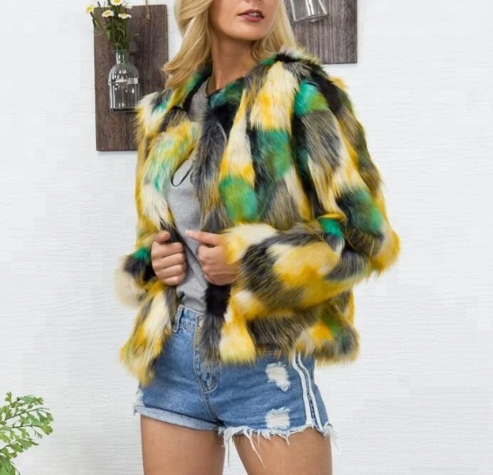 

Custom New Mixed Color Plush Jacket Short Versatile Top, Yellow and green