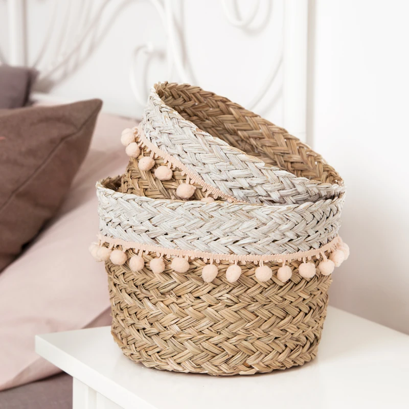 

Fast delivery wholesale round handmade planter seagrass straw storage easter sweet white fringed sea grass basket, As photo