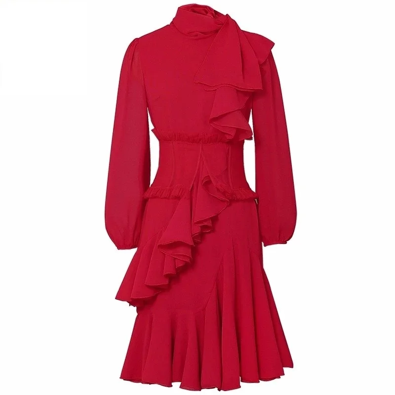 

Women Fashion Bow Collar Long Sleeves Red Chiffon Party Dress, Red/customized
