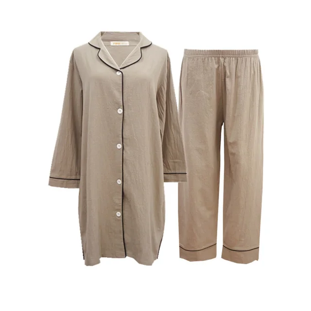 

2019 OEM autumn linen forked sleepwear cozy patchwork solid homewear long sleeve shirt pajamas for women, Customized