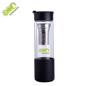 Image of GA6071 flip lid double wall borosilicate glass infuser drinking tea bottle flask tumbler with silicone sleeve