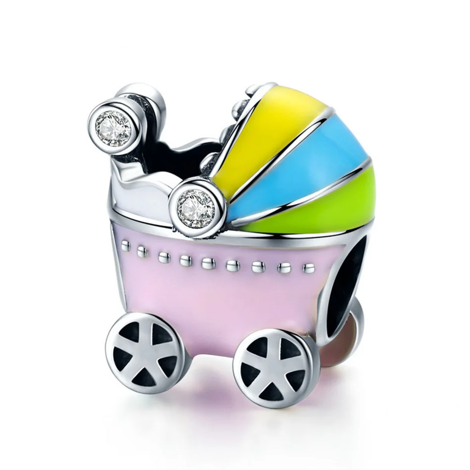 

100% 925 Sterling Silver Little Baby Carriage Charm Beads fit Girl Charm Bracelet Jewelry Color Enamel Charm