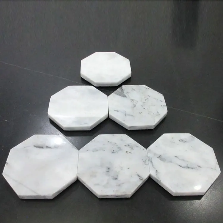 Cloudy white real marble hexagon coaster set with bamboo holder