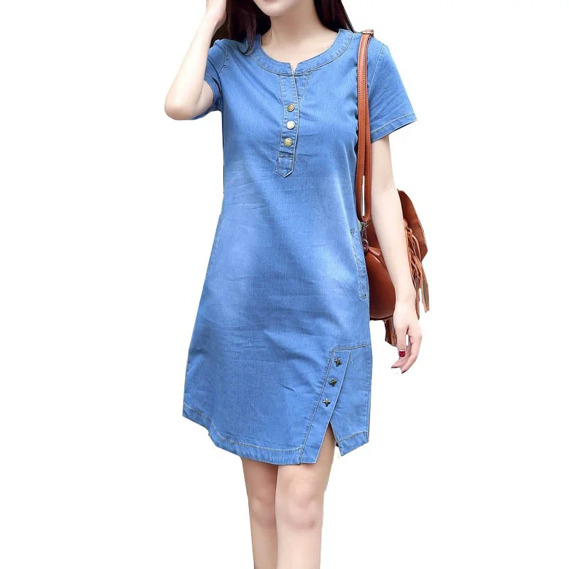 

Korean Denim dress for women 2019 New Summer Casual Jeans Dress With button Pocket Sexy Denim Mini Dress Plus size 3XL A1425