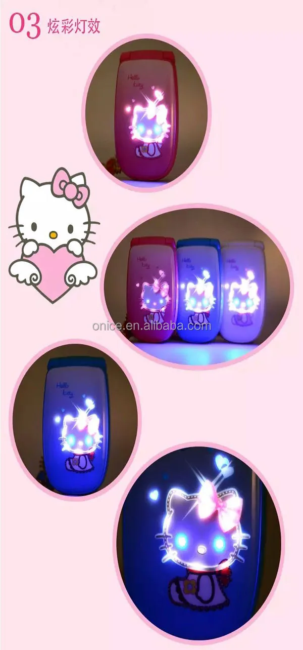 W88 Hello Kitty Flip Cellphone Cheap Mini Gsm 900 1800mhz Single Phone With Led Light Support