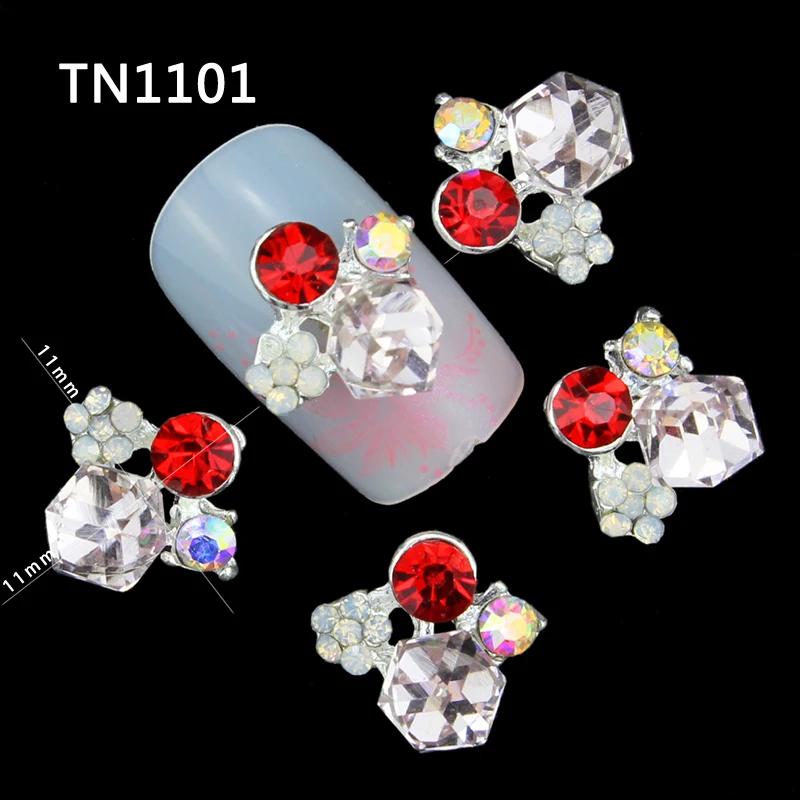 10 Pcs 3D Nail Art Decorations Silver Alloy Diy Glitter Geometric Charm Red AB Rhinestone Tools