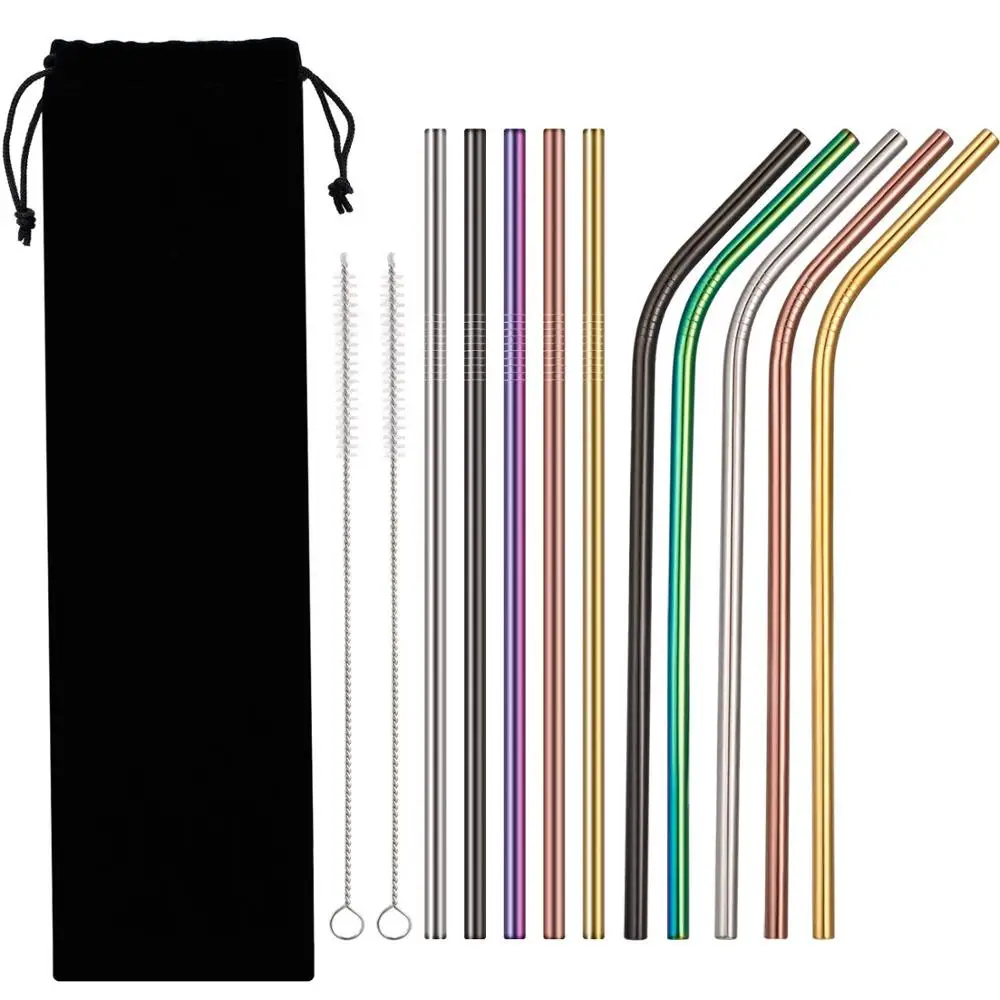 

10 Pieces Reusable Metal Drinking Straws, Stainless Steel Straws with 2 Pack Cleaning Brushes, 5 Color Bent and Straight Straws, Black;gold;rose gold;rainbow;etc.