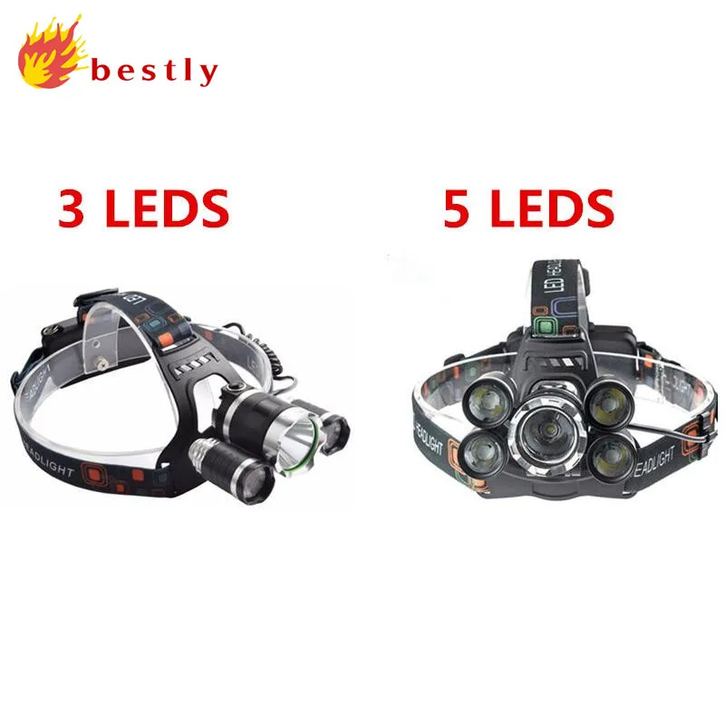 

18000Lm XML T6 5 LED Headlight Head Lamp Light 4 mode torch 2x18650 battery+EU/US Car charger li-ion headlamp for fishing Lights