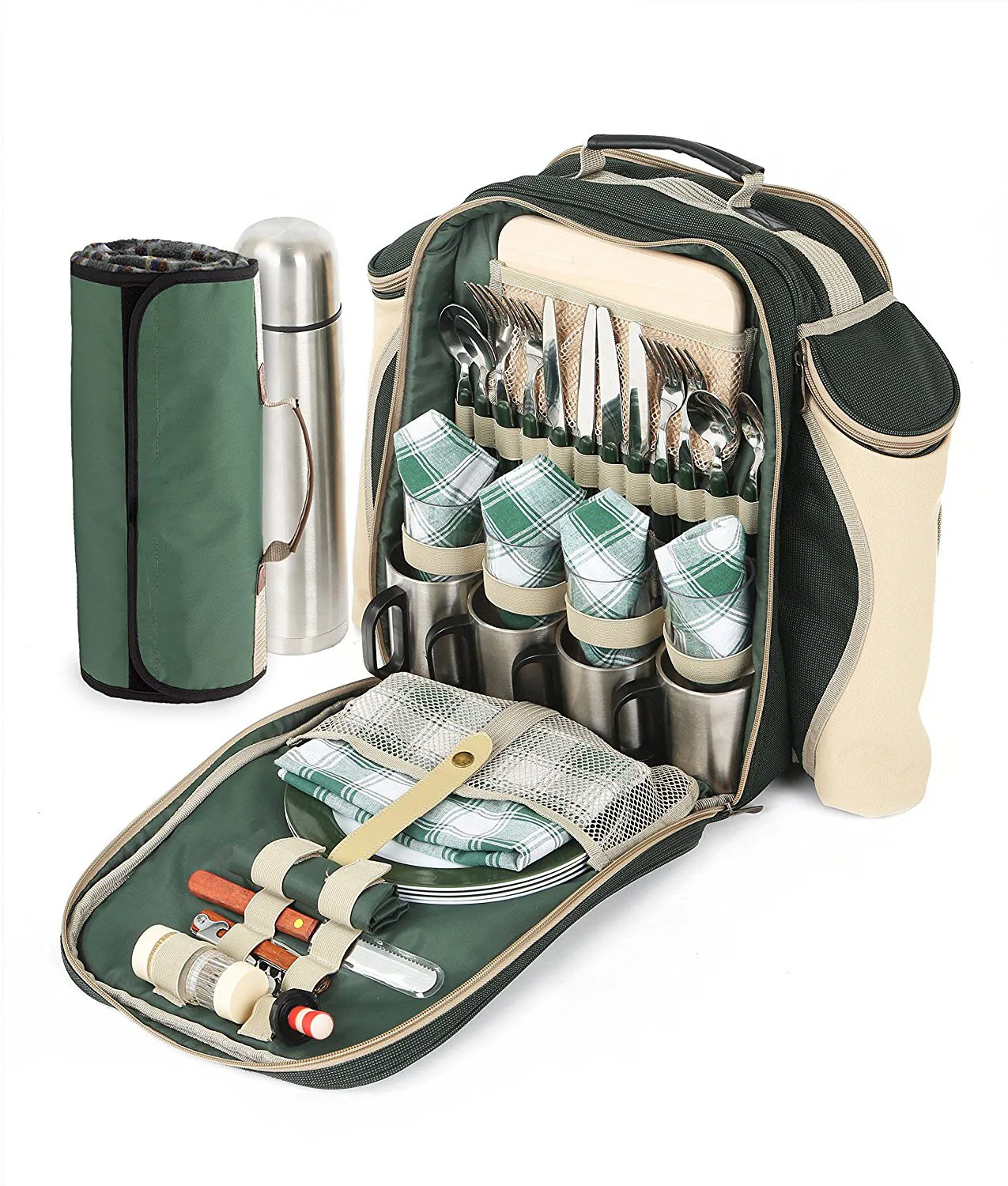 Deluxe Green Picnic Backpack For Four People With Picnic Blanket - Buy ...