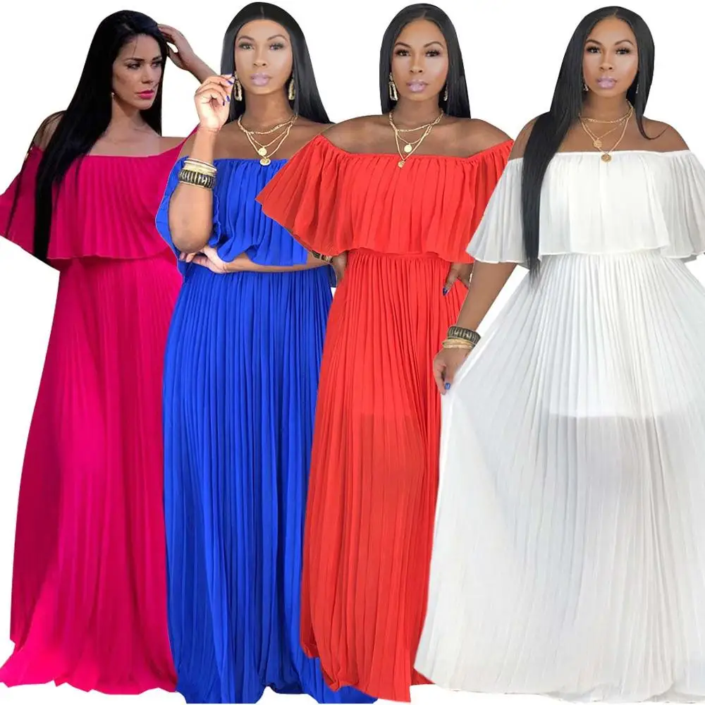 casual off the shoulder maxi sexy pleated chiffon dress