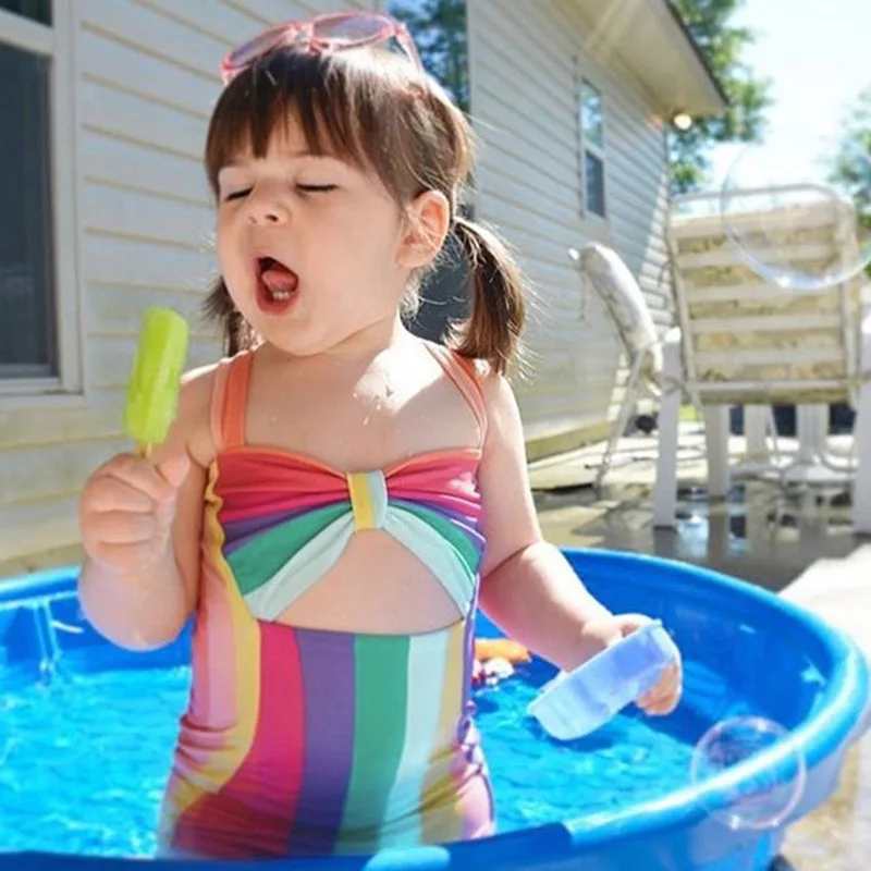 

Wholesale New Arrival Children Rainbow swimsuit One-piece bow Beachwear with matching headband, Picture