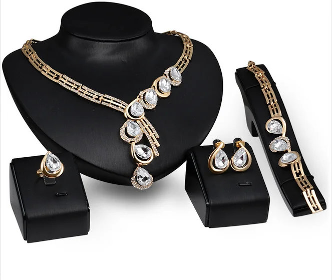 

European High-end Fashion Women Wedding Party Pendant Necklace Earrings Bracelet Ring Jewelry Sets