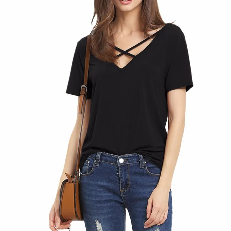 

Women Summer Tops Cross Front Deep V-Neck Long/Short Sleeve Tees Top, Picture
