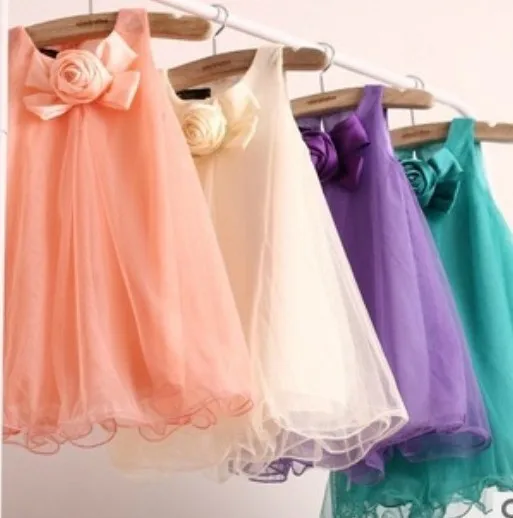 

New Chiffon Flower Sleeveless Soft Pure Color New Style Off-shoulder Girls Party Dress