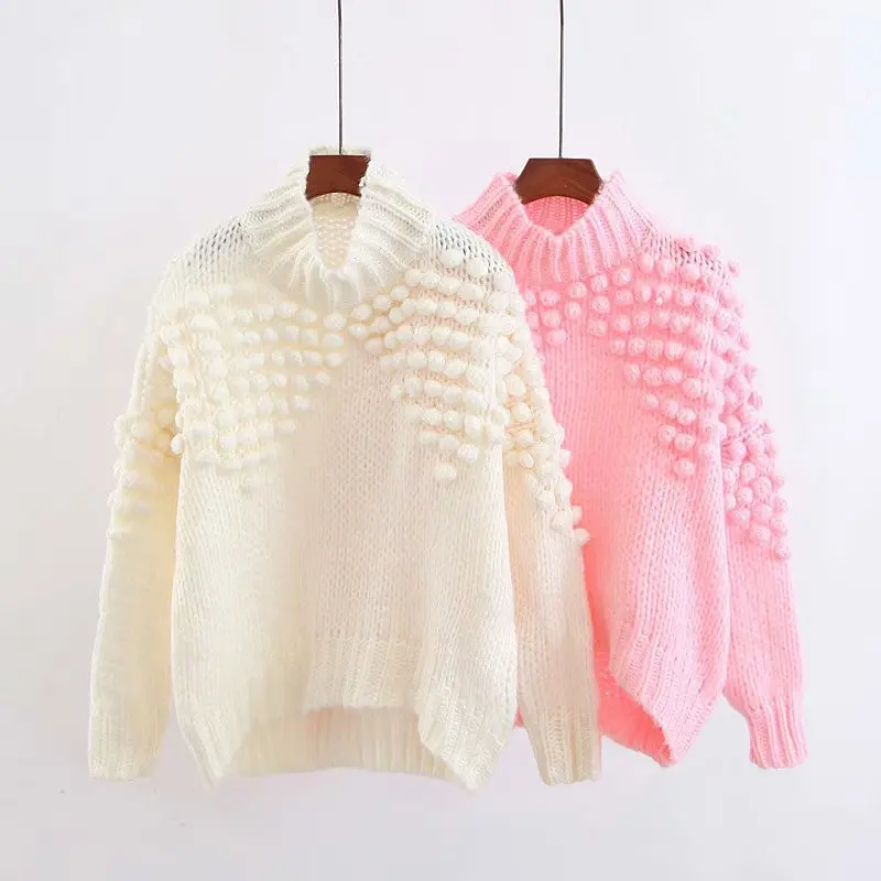 

European style turtleneck Winter chompas de invierno hand knitted sweater, Pink, white